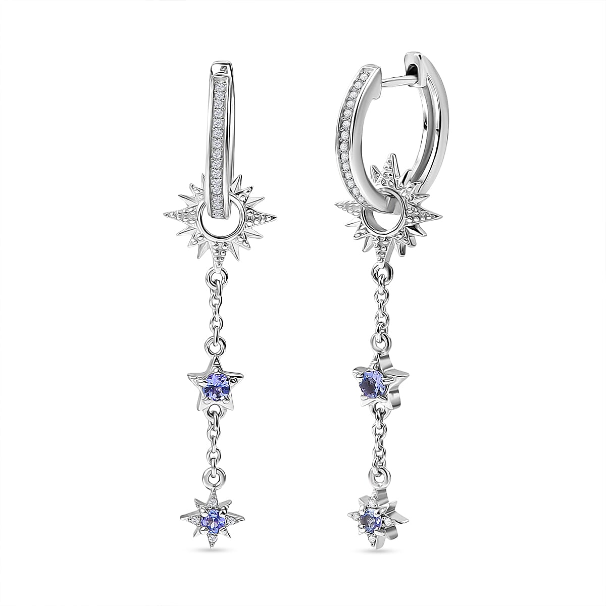 GP - Celestial Dream Collection Tanzanite, Blue Sapphire & White Zircon Dangling Earring in Rhodium Overlay Sterling Silver, Silver Wt. 5.40 Gms.