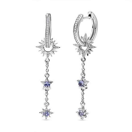 GP - Celestial Dream Collection Tanzanite, Blue Sapphire & White Zircon Dangling Earring in Rhodium Overlay Sterling Silver, Silver Wt. 5.40 Gms.