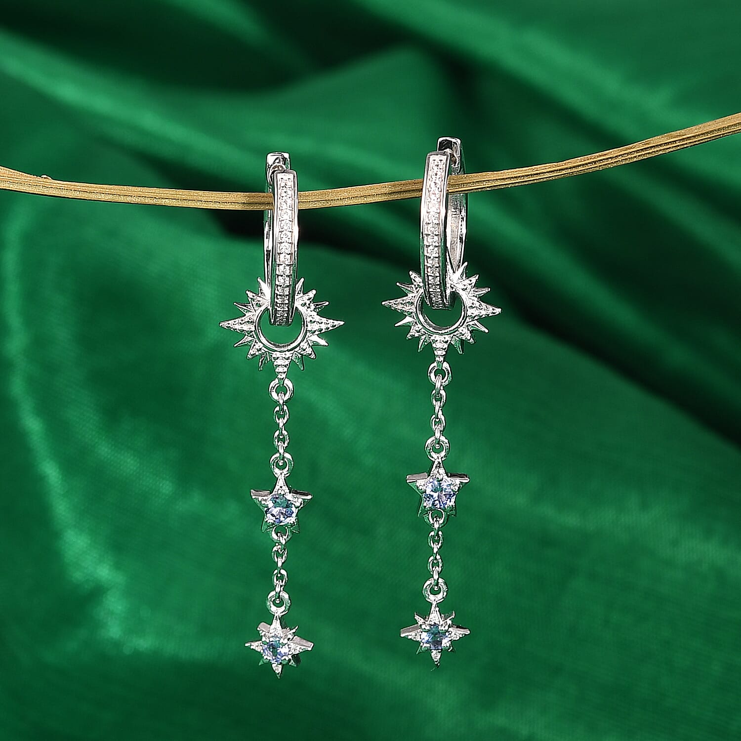 GP - Celestial Dream Collection Tanzanite, Blue Sapphire & White Zircon Dangling Earring in Rhodium Overlay Sterling Silver, Silver Wt. 5.40 Gms.