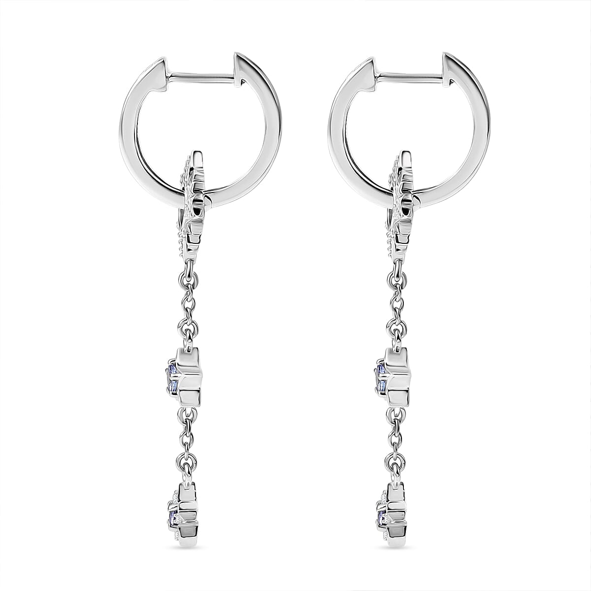 GP - Celestial Dream Collection Tanzanite, Blue Sapphire & White Zircon Dangling Earring in Rhodium Overlay Sterling Silver, Silver Wt. 5.40 Gms.