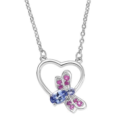 GP Italian Garden Collection - Tanzanite, Blue Sapphire & Pink Sapphire Cluster Necklace (Size 20) in Rhodium Overlay Sterling Silver
