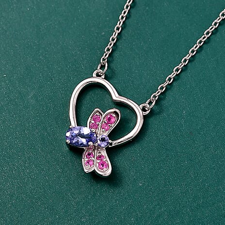 GP Italian Garden Collection - Tanzanite, Blue Sapphire & Pink Sapphire Cluster Necklace (Size 20) in Rhodium Overlay Sterling Silver