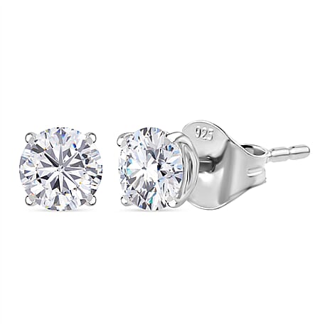 Moissanite Solitaire Stud Push Post Earring in Platinum Overlay Sterling Silver