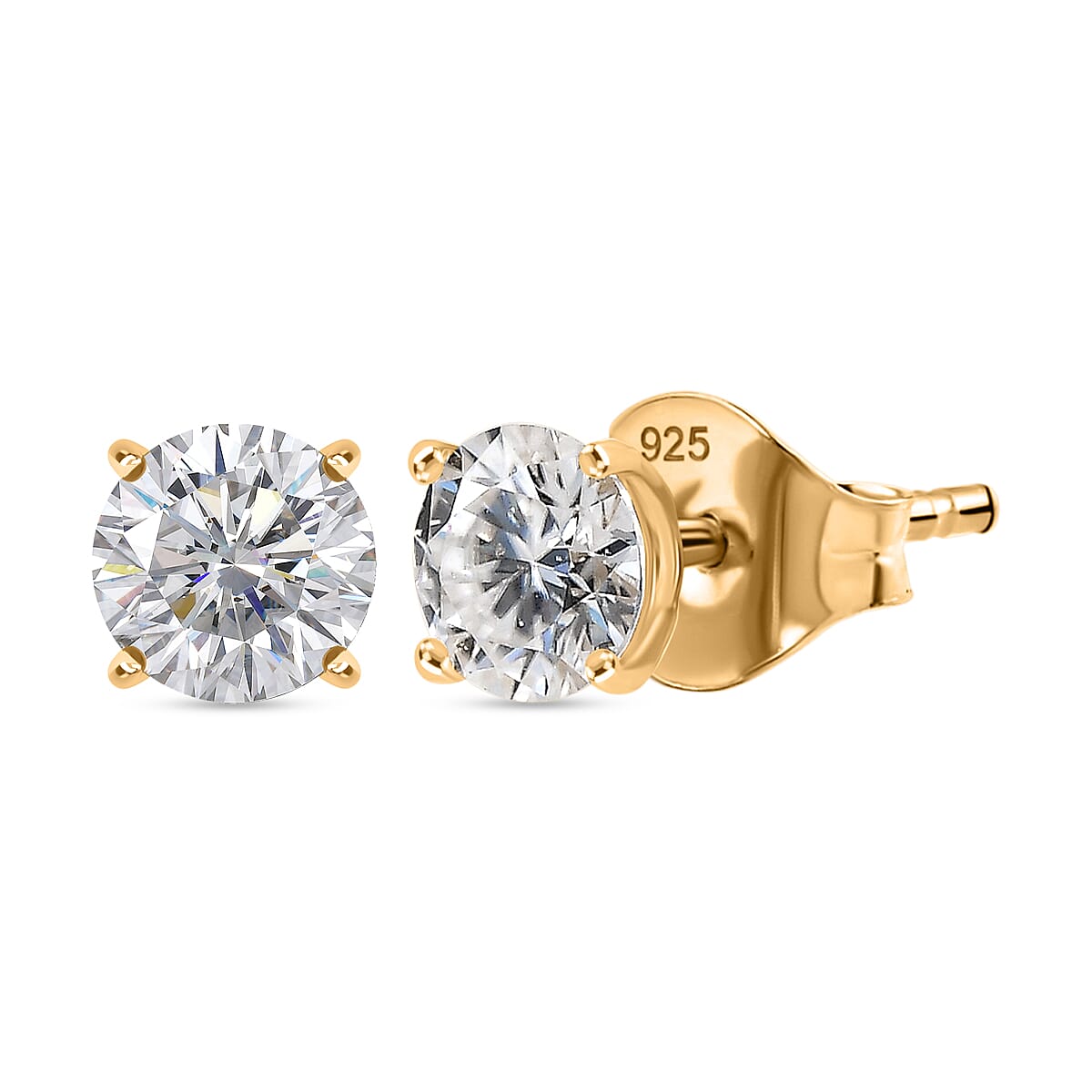 Moissanite Solitaire Stud Push Post Earring in 18K Yellow Gold Plated Sterling Silver