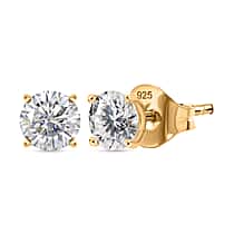 Moissanite Solitaire Stud Push Post Earring in Yellow Gold Plated Sterling Silver 0.88 Ct.