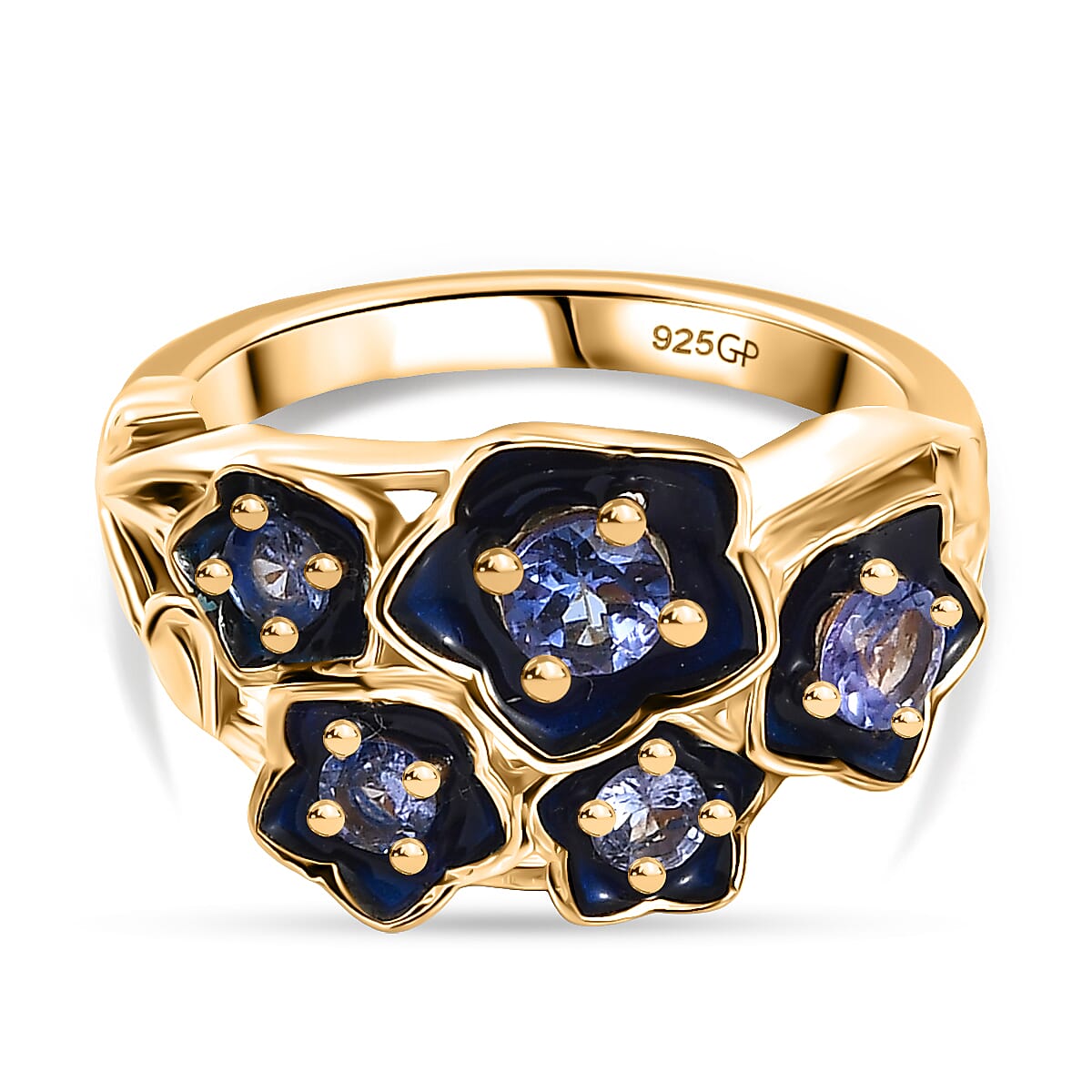GP - Italian Garden Collection - Tanzanite & Blue Sapphire Floral Ring in 18K Vermeil Yellow Gold Plated Sterling Silver, Silver Wt. 5.27 Gms.