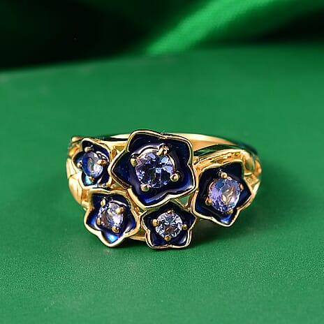 GP - Italian Garden Collection - Tanzanite & Blue Sapphire Floral Ring in 18K Vermeil Yellow Gold Plated Sterling Silver, Silver Wt. 5.27 Gms.