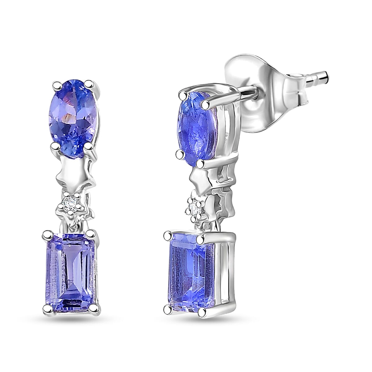 GP Celestial Dream Collection - Tanzanite, Blue Sapphire & White Zircon Dangling Earring in Rhodium Overlay Sterling Silver 1.13 Ct.
