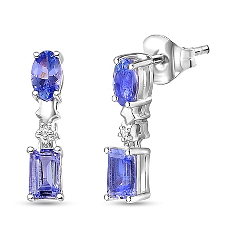GP Celestial Dream Collection - Tanzanite, Blue Sapphire & White Zircon Dangling Earring in Rhodium Overlay Sterling Silver 1.13 Ct.