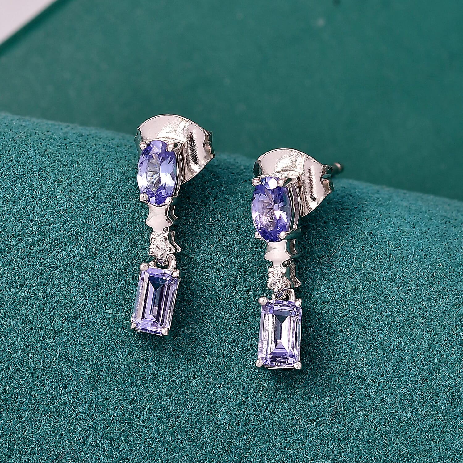 GP Celestial Dream Collection - Tanzanite, Blue Sapphire & White Zircon Dangling Earring in Rhodium Overlay Sterling Silver 1.13 Ct.
