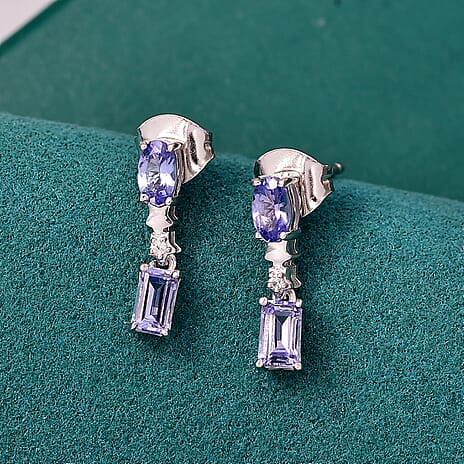 GP Celestial Dream Collection - Tanzanite, Blue Sapphire & White Zircon Dangling Earring in Rhodium Overlay Sterling Silver 1.13 Ct.