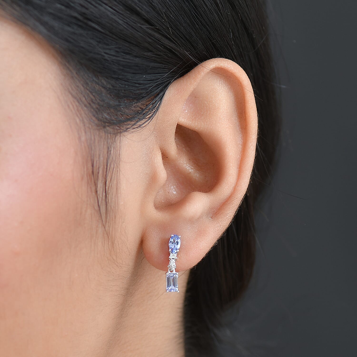 GP Celestial Dream Collection - Tanzanite, Blue Sapphire & White Zircon Dangling Earring in Rhodium Overlay Sterling Silver 1.13 Ct.