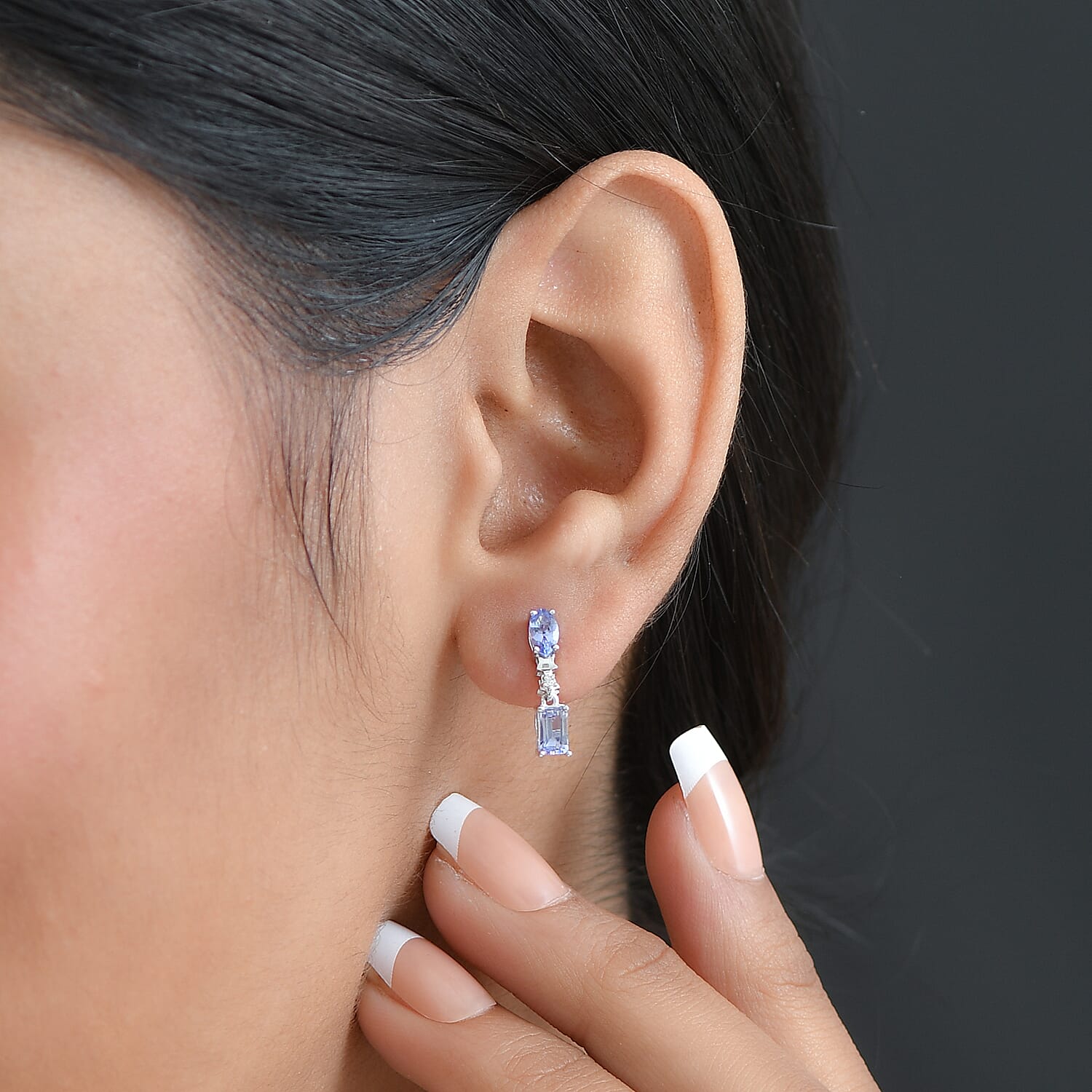 GP Celestial Dream Collection - Tanzanite, Blue Sapphire & White Zircon Dangling Earring in Rhodium Overlay Sterling Silver 1.13 Ct.