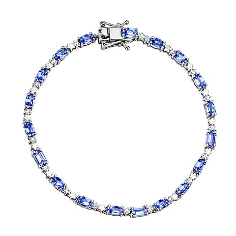 GP Celestial Dream Collection - Tanzanite, Blue Sapphire & White Zircon Tennis Bracelet 1 Row (Size 7.5) with GB Lock Box in Rhodium Overlay Sterling Silver 4.63 Ct, Silver Wt. 6.78 Gms.