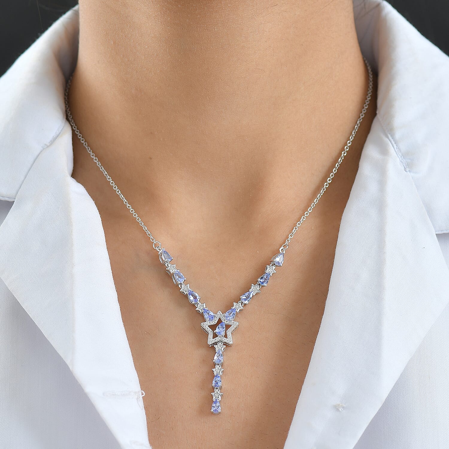 GP Celestial Dream Collection - Tanzanite, Blue Sapphire & White Zircon Necklace (Size 20) in Rhodium Overlay Sterling Silver 2.68 Ct, Silver Wt. 6.78 Gms.