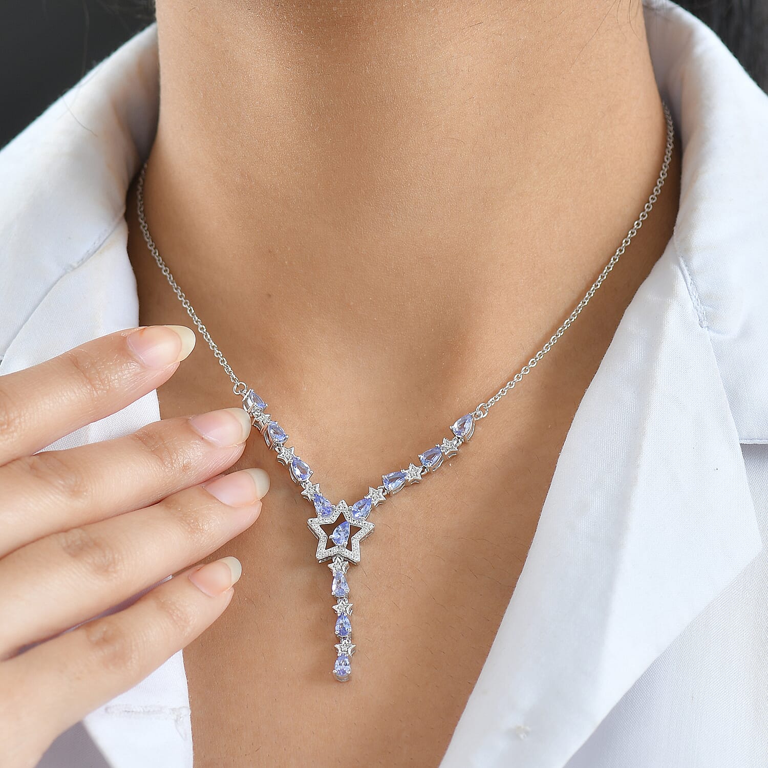 GP Celestial Dream Collection - Tanzanite, Blue Sapphire & White Zircon Necklace (Size 20) in Rhodium Overlay Sterling Silver 2.68 Ct, Silver Wt. 6.78 Gms.