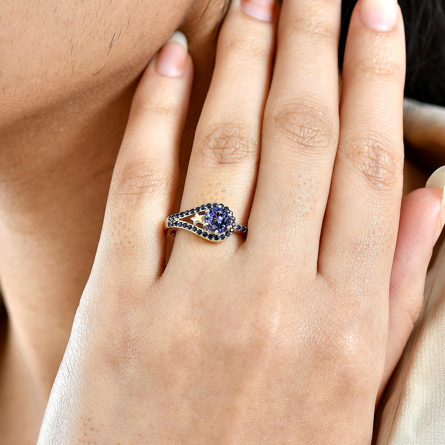 GP 9K Yellow Gold AAA Tanzanite & Blue Sapphire Ring 1.20 Ct.
