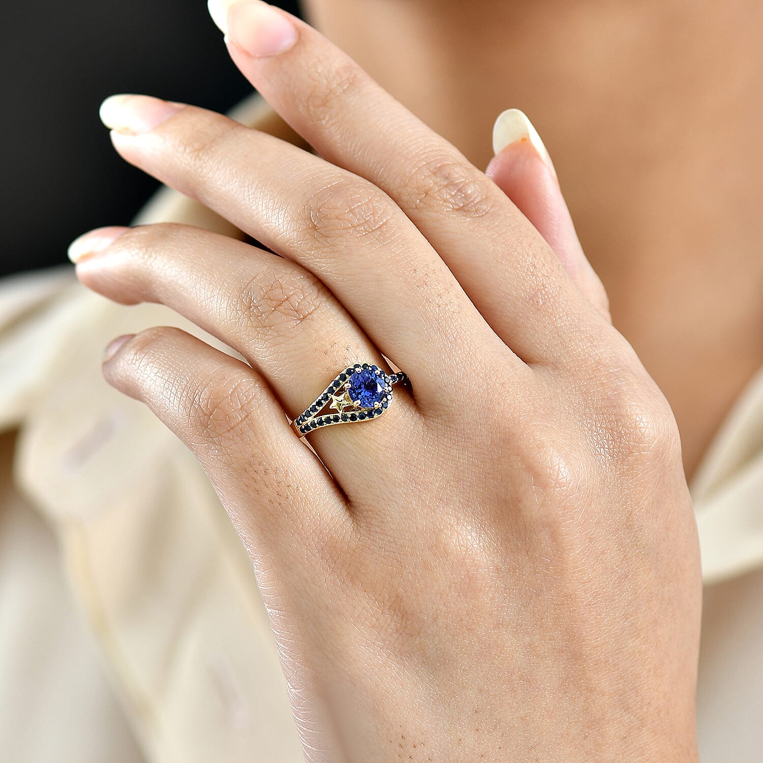 GP 9K Yellow Gold AAA Tanzanite & Blue Sapphire Ring 1.20 Ct.