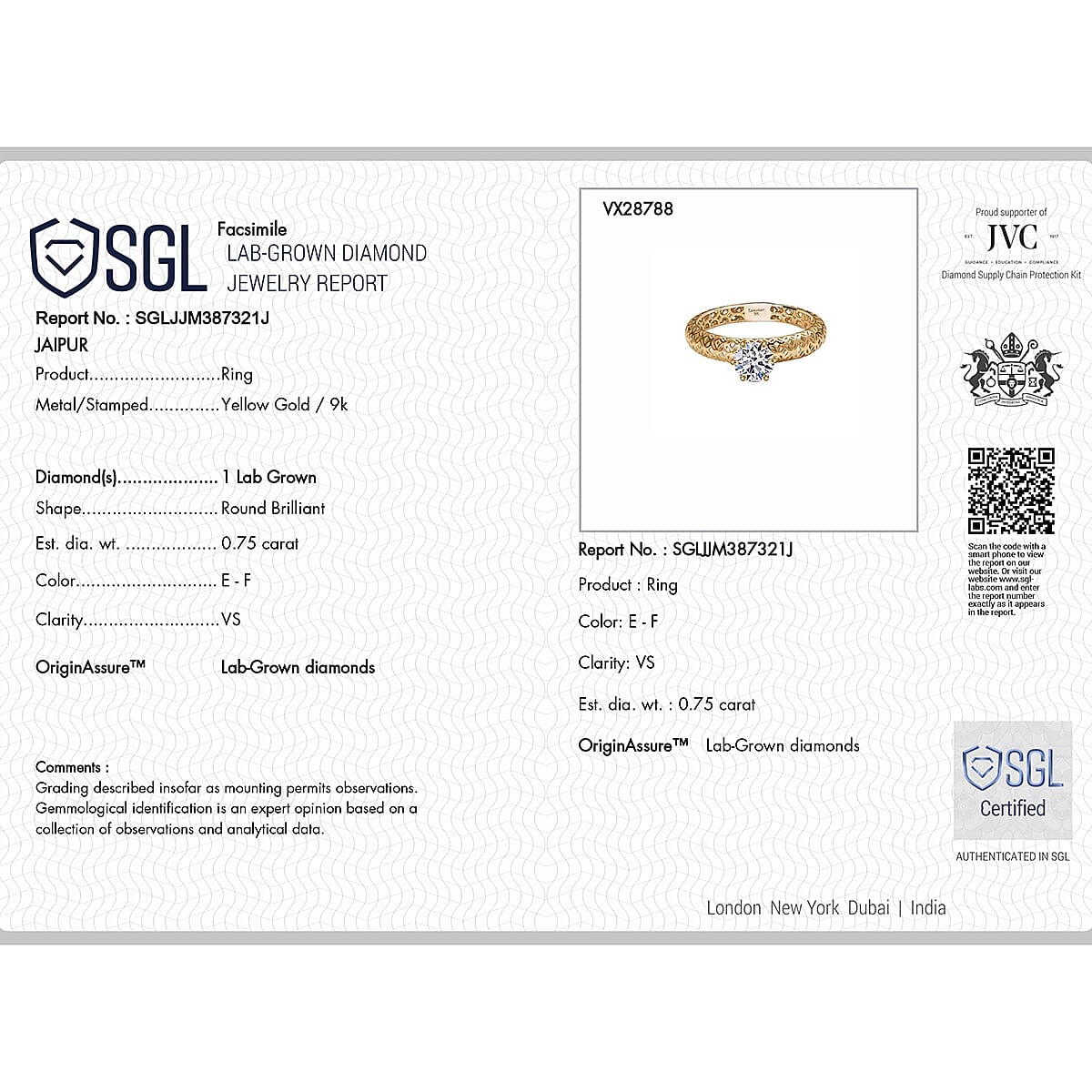 Luxuriant 9K Yellow Gold SGL Certified Lab Grown Diamond (VS-EF) Solitaire Ring 0.80 Ct.