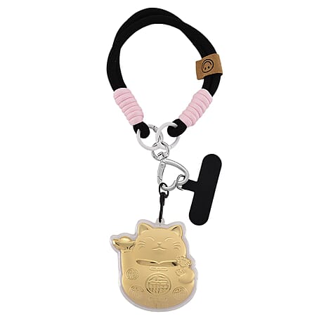 24K Yellow Gold Money Cat Key Chain with Black & Pink Rope