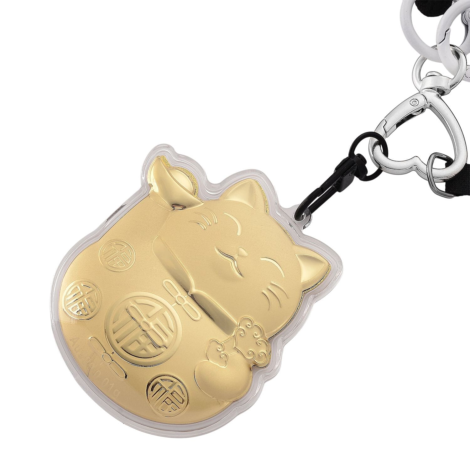 24K Yellow Gold Money Cat Key Chain with Black & Pink Rope