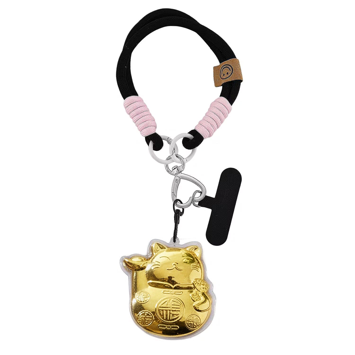 24K Yellow Gold Money Cat Key Chain with Black & Pink Rope