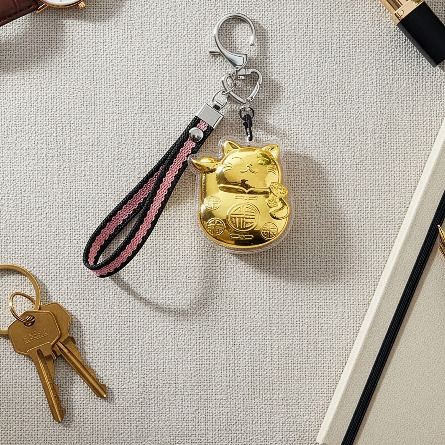 24K Yellow Gold Money Cat Key Chain with Black & Pink Rope