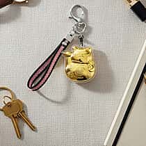 24K Yellow Gold Money Cat Key Chain with Black & Pink Rope