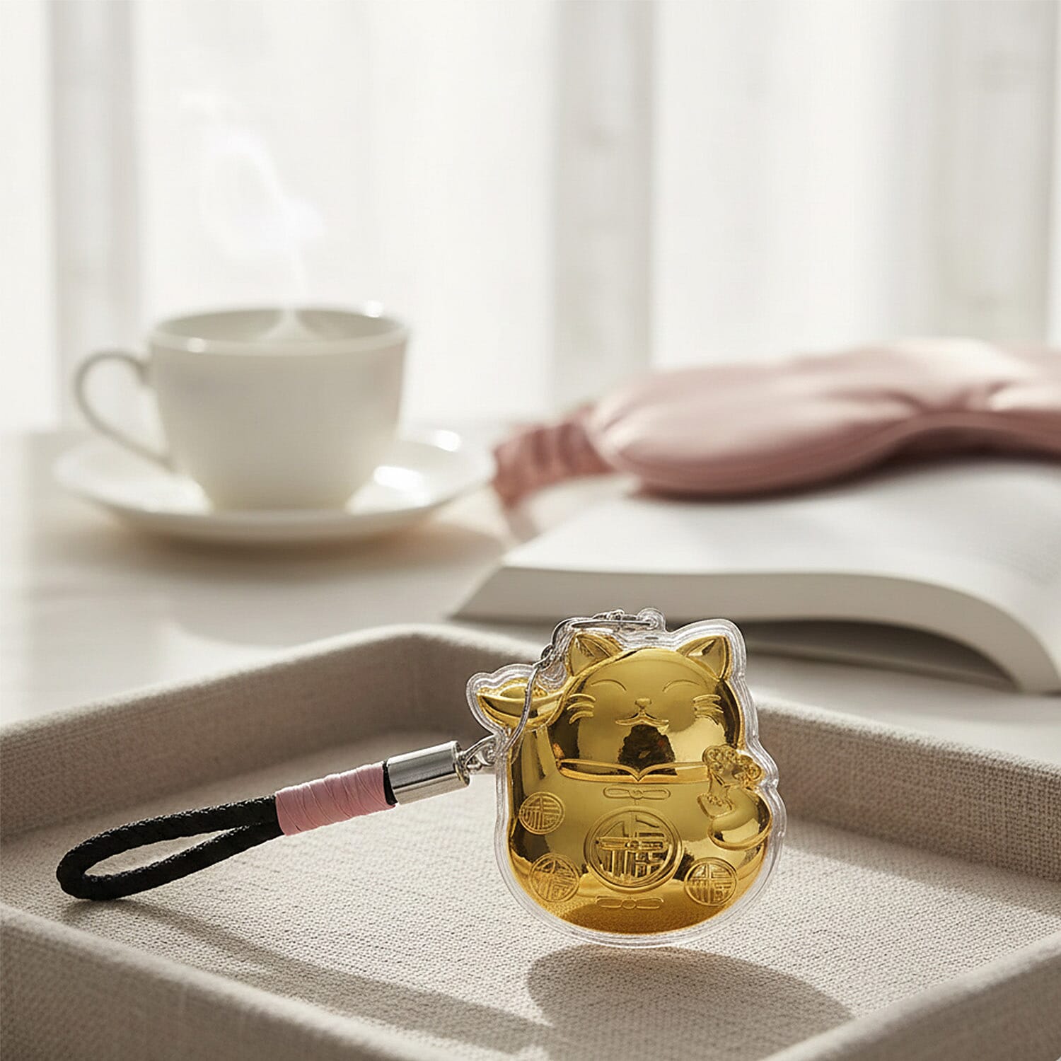 24K Yellow Gold Money Cat Key Chain with Black & Pink Rope