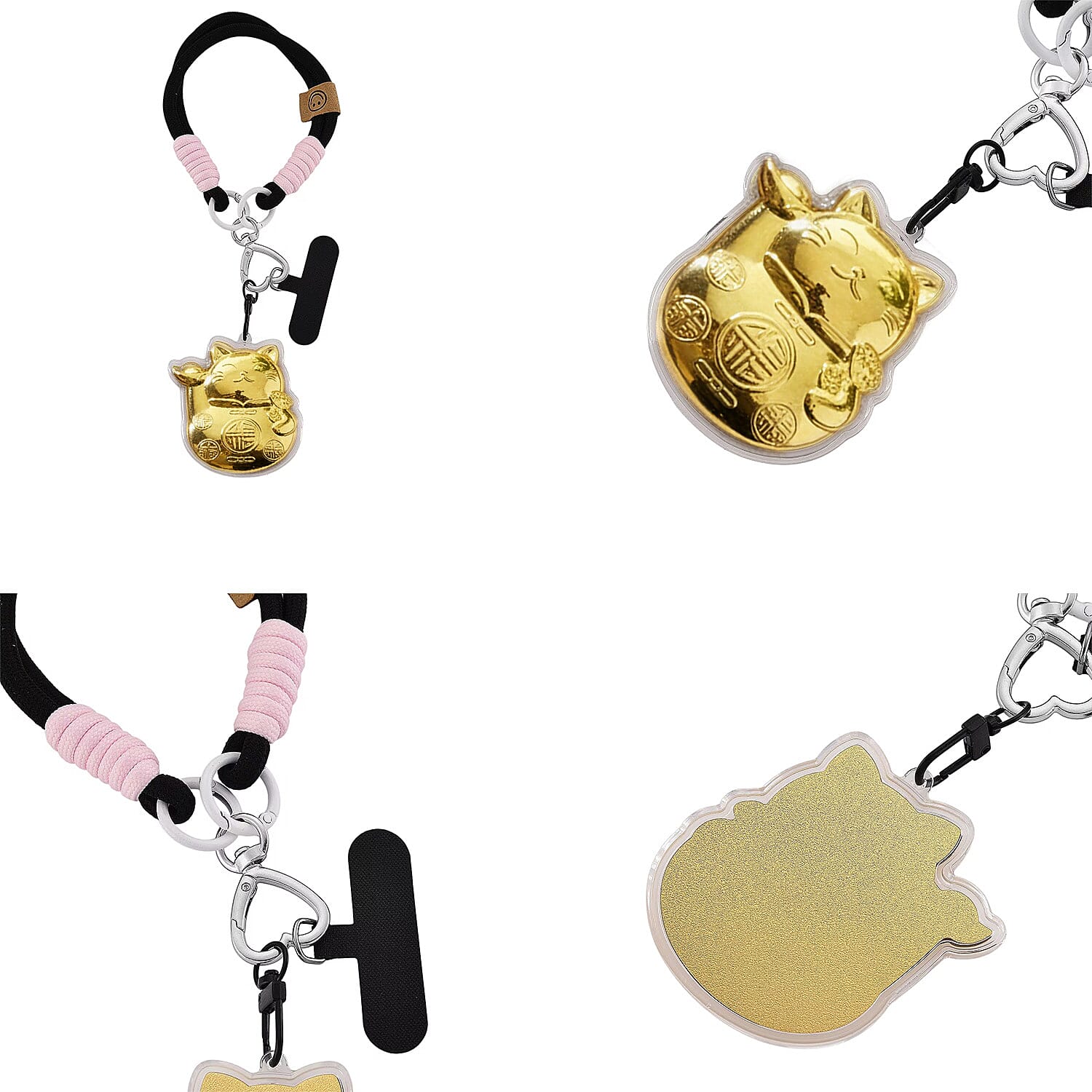 24K Yellow Gold Money Cat Key Chain with Black & Pink Rope