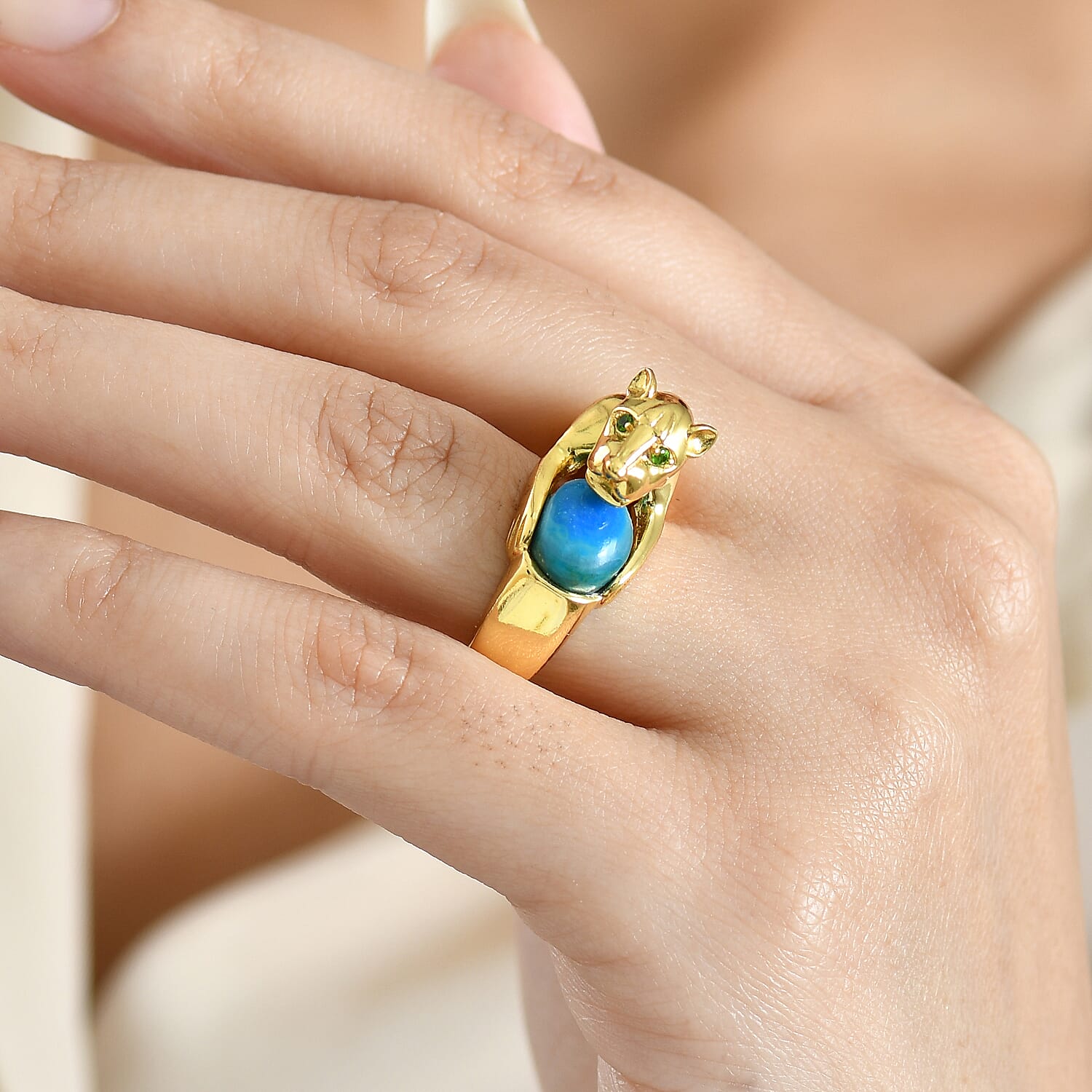 EverTrue Opalina, Natural Chrome Diopside Ring Pure Yellow Brass  2.031  Ct.