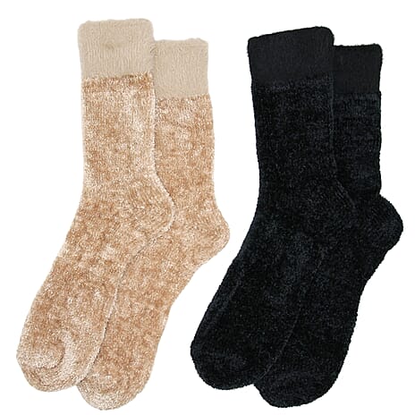 WINTER MUST HAVE - Pack of 2 Chenille Cosy Socks - Black & Beige