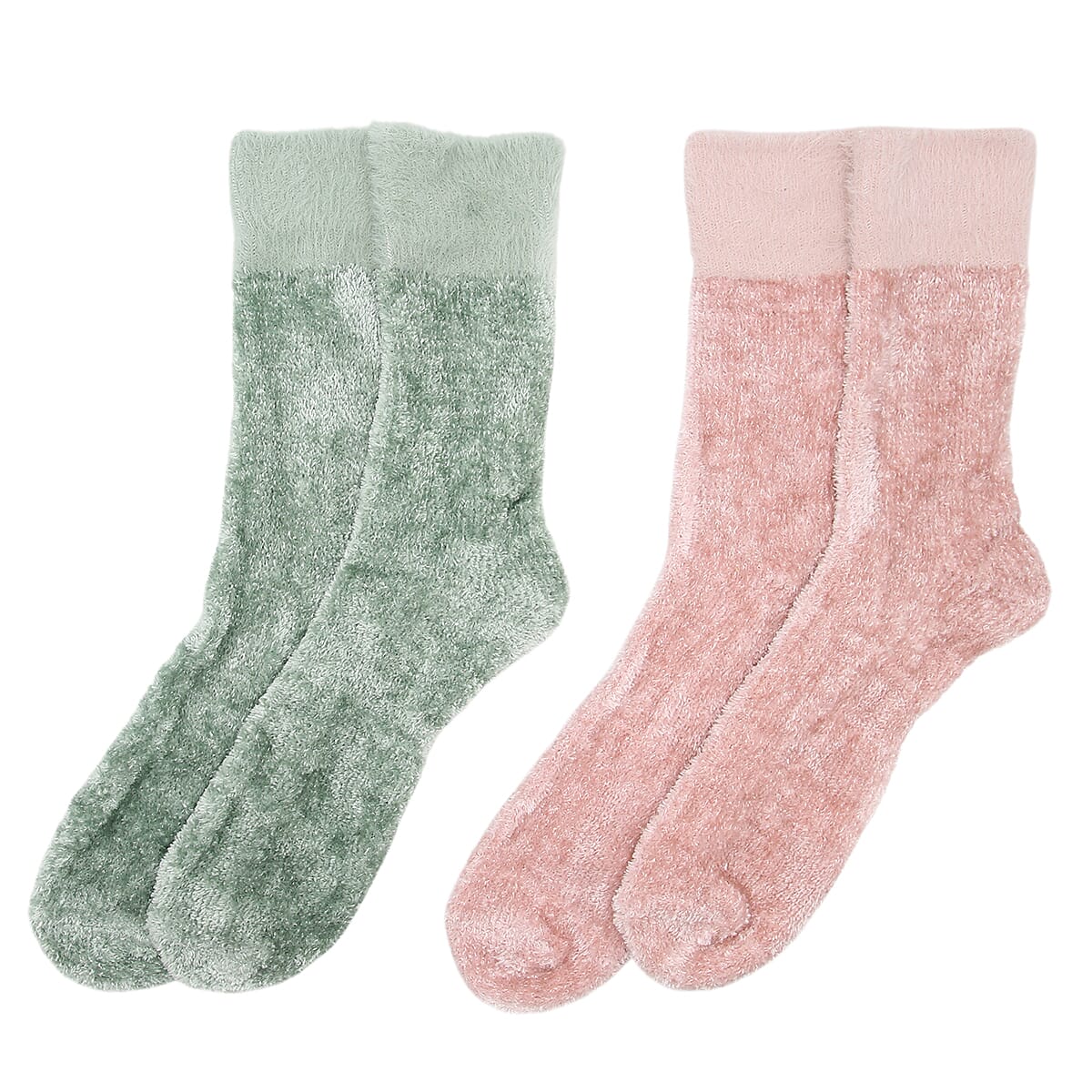 WINTER MUST HAVE - Pack of 2 Chenille Cosy Socks - Pink & Green