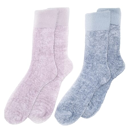 WINTER MUST HAVE - Pack of 2 Chenille Cosy Socks - Lilac & Blue