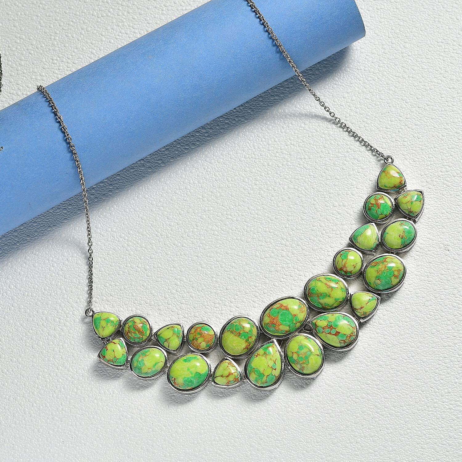 EverTrue Green Mojave Turquoise Cluster Necklace (Size - 20) with Lobster Clasp  67.72 Ct.