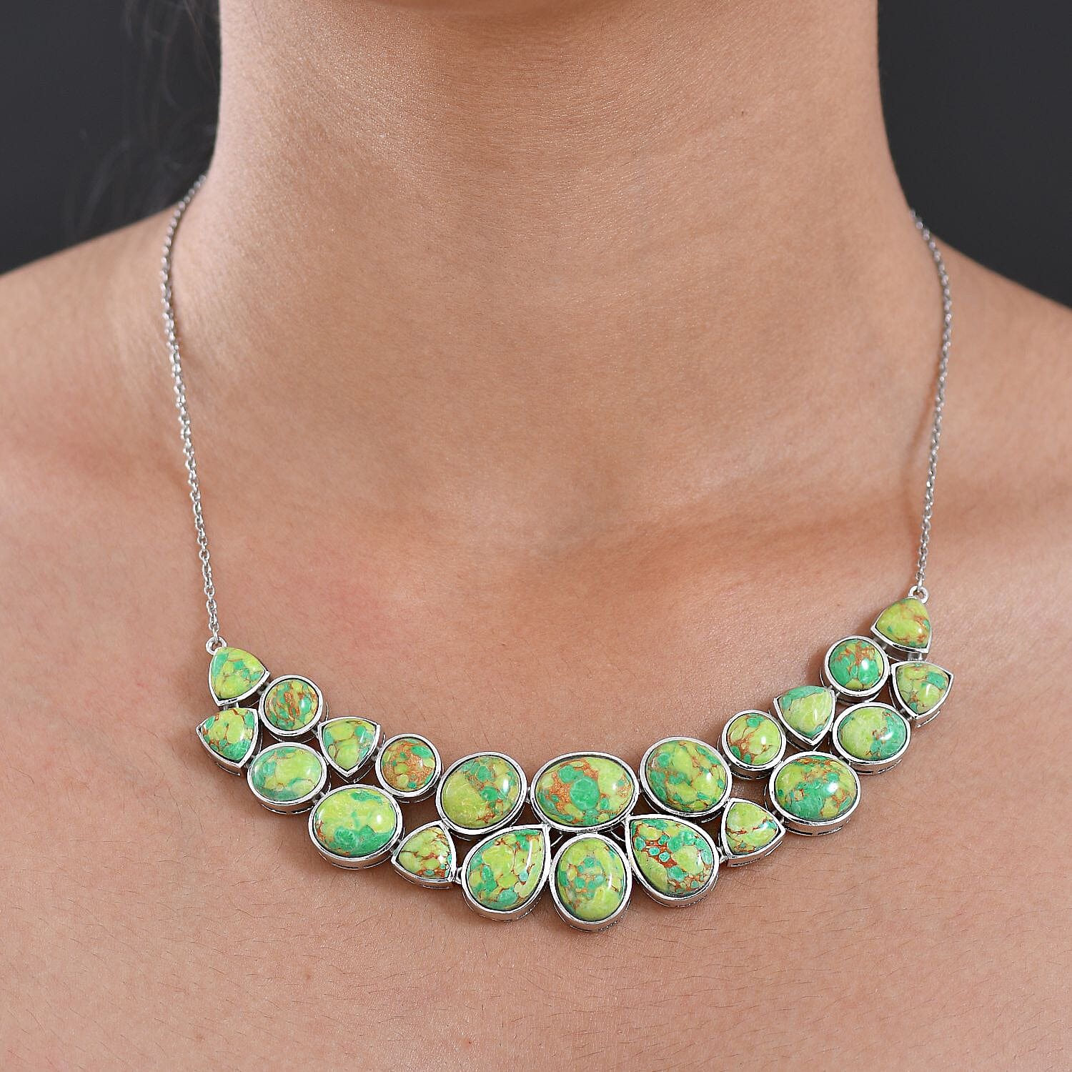 EverTrue Green Mojave Turquoise Cluster Necklace (Size - 20) with Lobster Clasp  67.72 Ct.