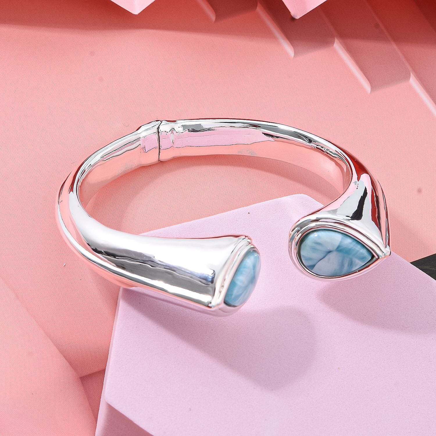 Larimar Bangle in Rhodium Overlay Sterling Silver 15.73 Ct, Silver Wt. 27.50 Gms.