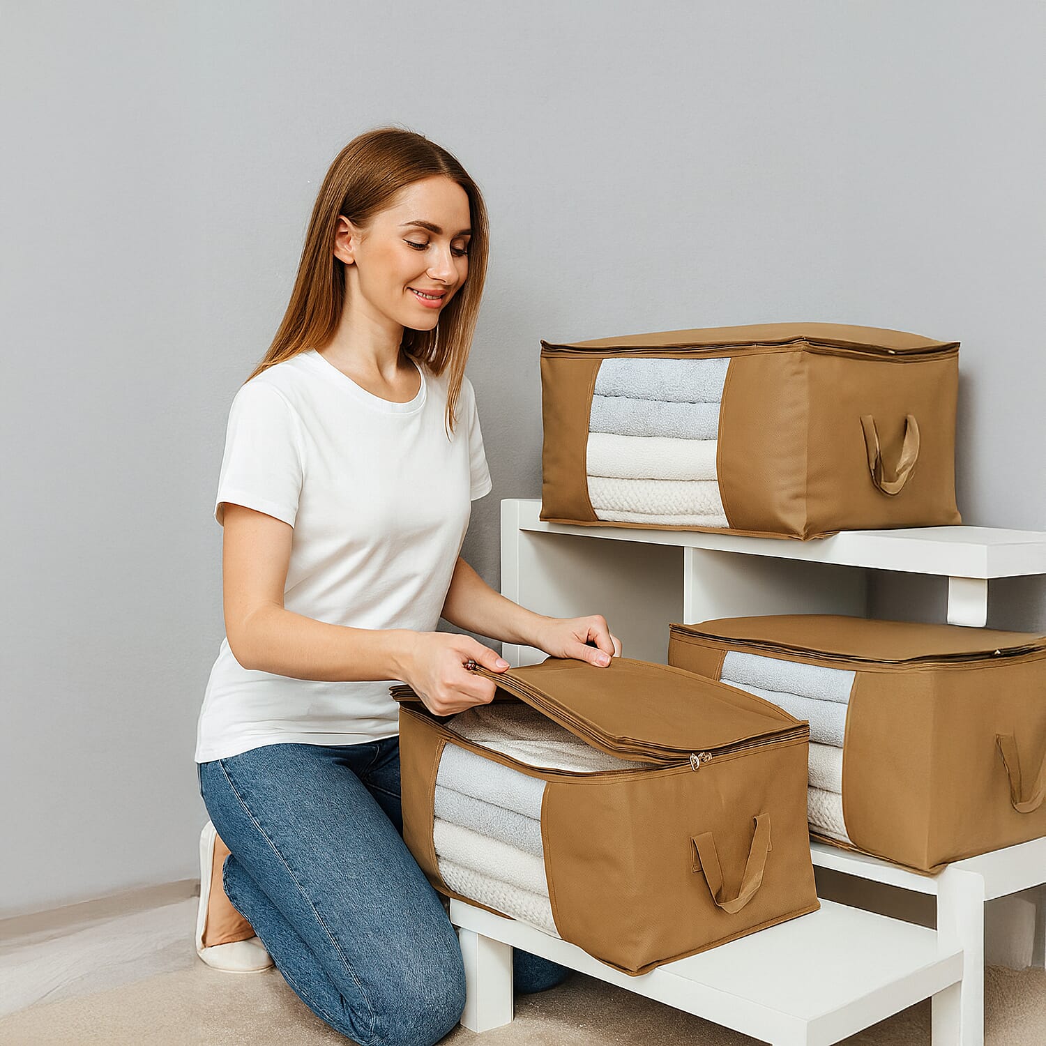 Livmore Set of 5 Non-Woven Fabric Storage Bags with Clear Window (34 x 60 x 42 cm) - Light Brown