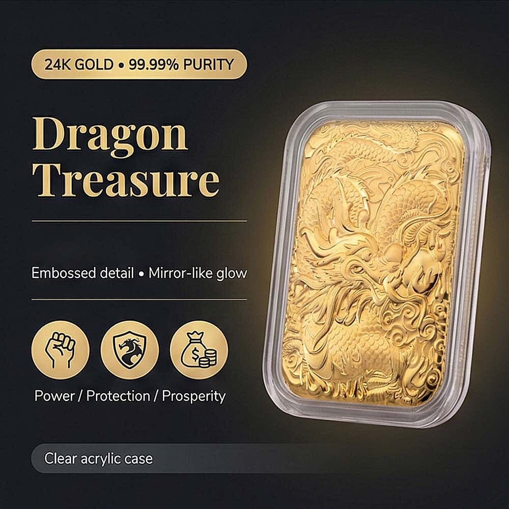 24K (99.99% Purity) Yellow Gold Dragon Embossed Collectable (39.60 x 25.70 MM)