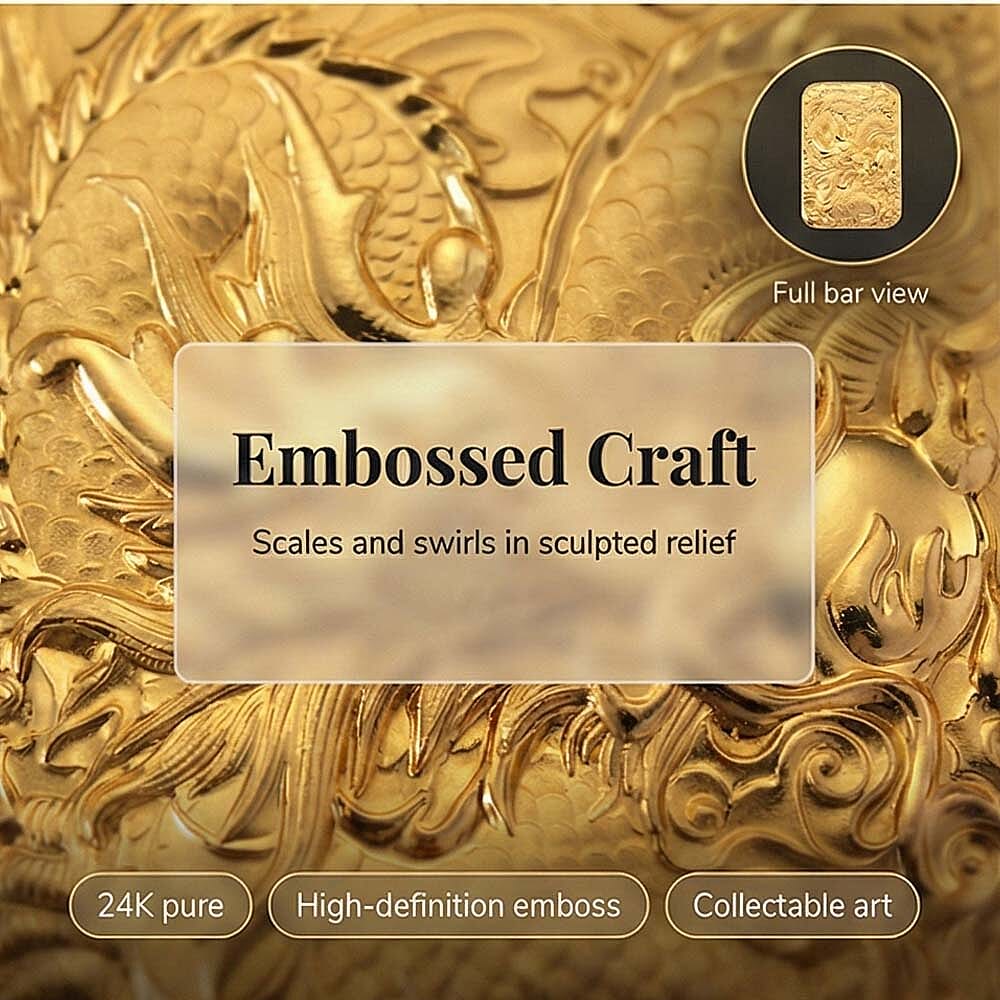 24K (99.99% Purity) Yellow Gold Dragon Embossed Collectable (39.60 x 25.70 MM)