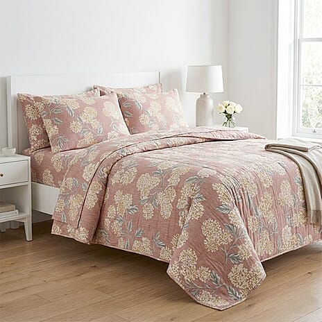 Livmore 4-Piece Microfiber Floral Bedding Set - inc. Duvet Cover, Fitted Sheet, and 2 Pillowcases (Double, 200 x 200) - Dusty Pink, Off-White & Grey