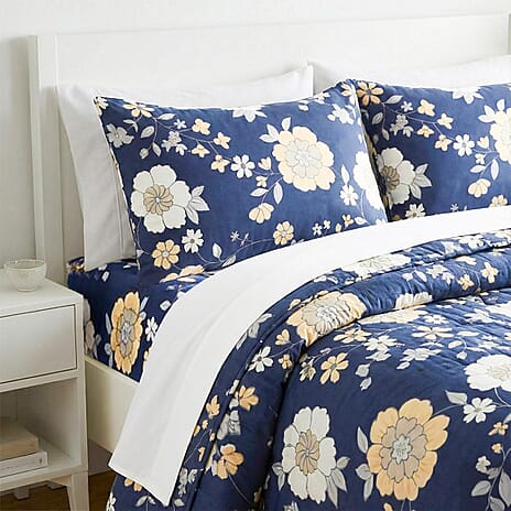 Livmore 4-Piece Microfiber Floral Bedding Set - inc. Duvet Cover, Fitted Sheet, and 2 Pillowcases (Double, 200 x 200) - Navy