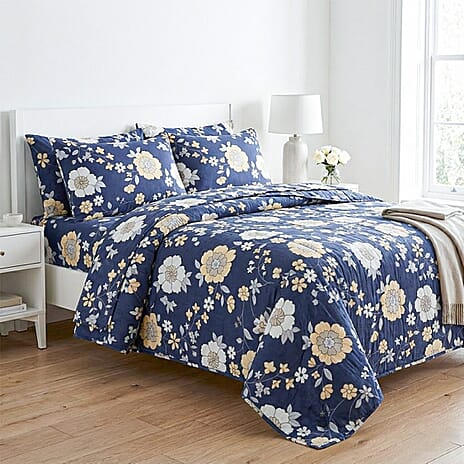 Livmore 4-Piece Microfiber Floral Bedding Set - inc. Duvet Cover, Fitted Sheet, and 2 Pillowcases (Double, 200 x 200) - Navy