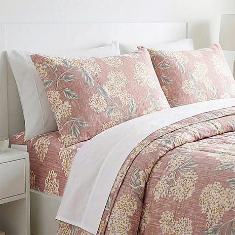 Livmore 4-Piece Microfiber Floral Print Bedding Set - inc. Duvet Cover, Fitted Sheet, and 2 Pillowcases (King, 225 x 220) - Dusty Pink, Off-White & Grey