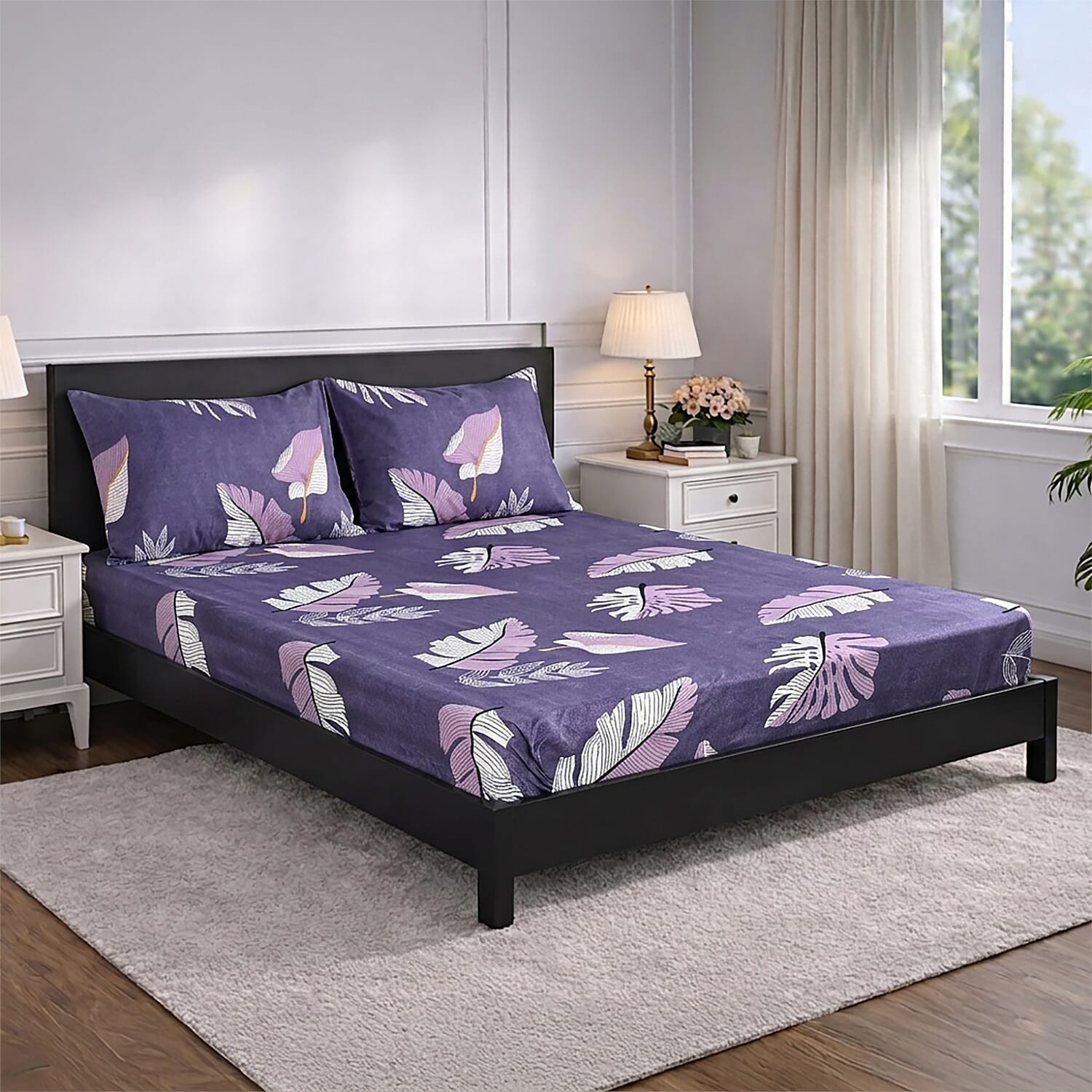 Livmore  Set of 3 Printed Micro Fitted Sheets With 2 x Pillow Cases For Double Bed (Size 140x190x30Cm) - Light Purple & Multicolour