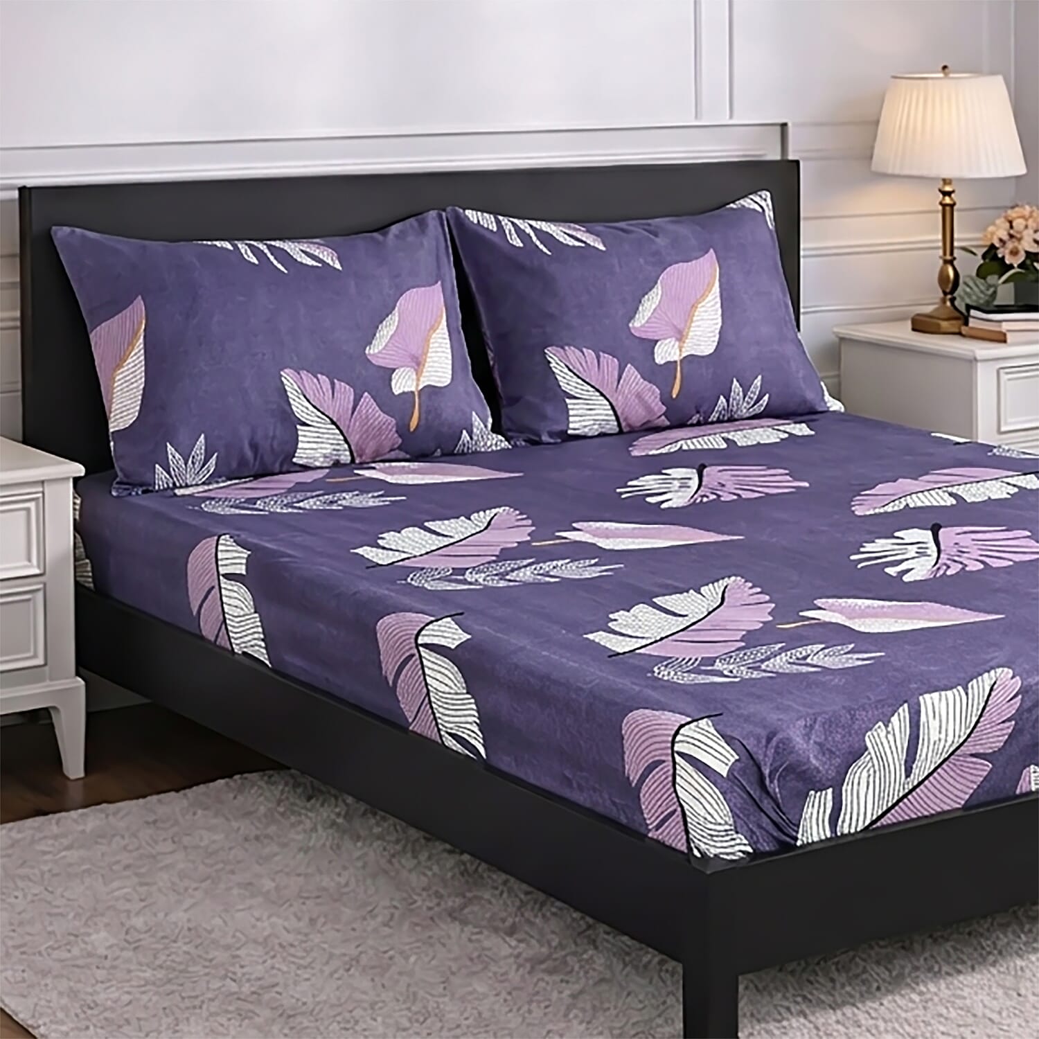 Livmore  Set of 3 Printed Micro Fitted Sheets With 2 x Pillow Cases For Double Bed (Size 140x190x30Cm) - Light Purple & Multicolour