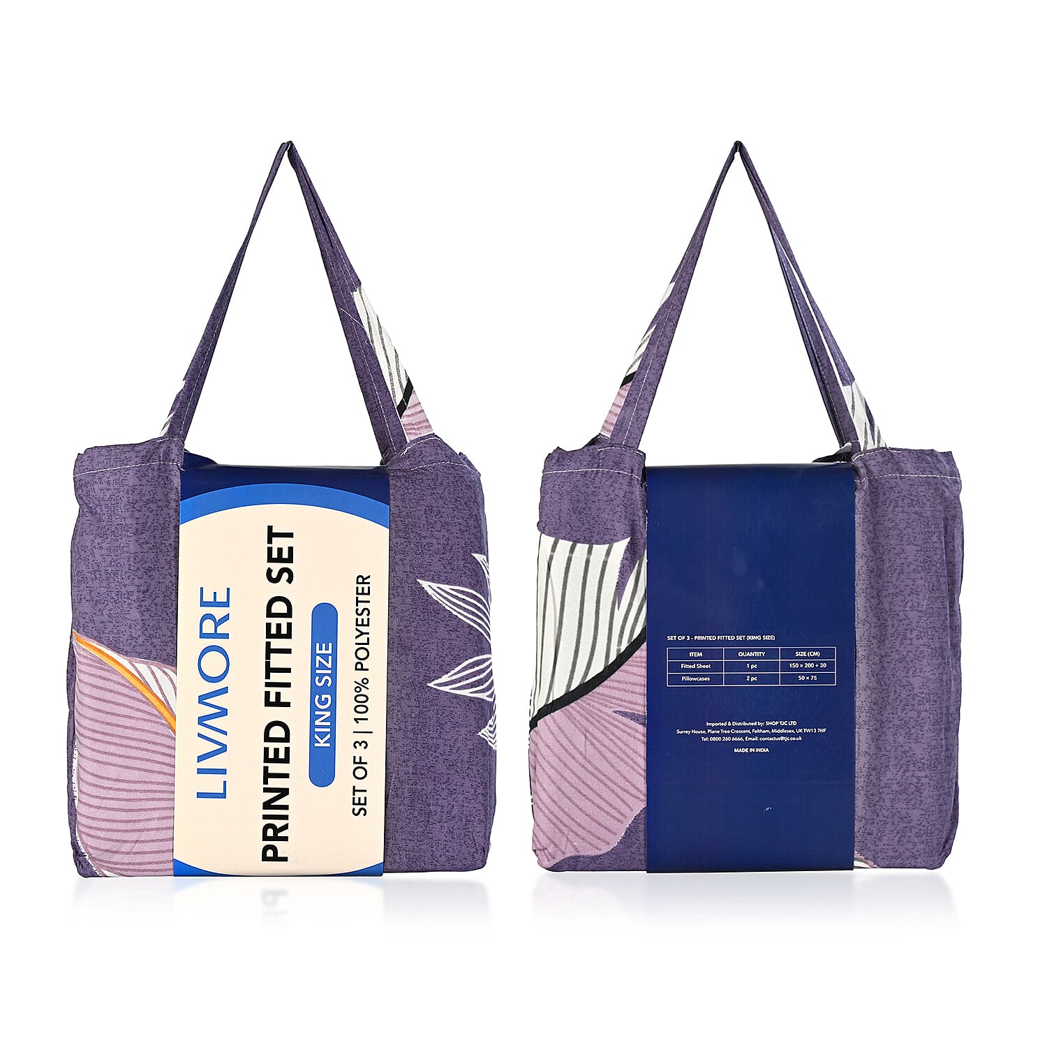 Livmore  Set of 3 Printed Micro Fitted Sheets With 2 x Pillow Cases For Double Bed (Size 140x190x30Cm) - Light Purple & Multicolour