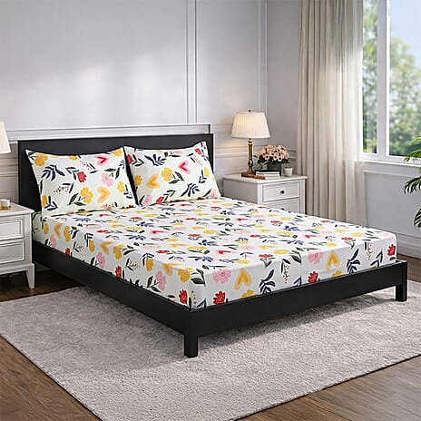 Livmore  Set of 3 Printed Micro Fitted Sheets With 2 x Pillow Cases For Double Bed (Size 140x190x30Cm) - White, Yellow & Multi-Colour