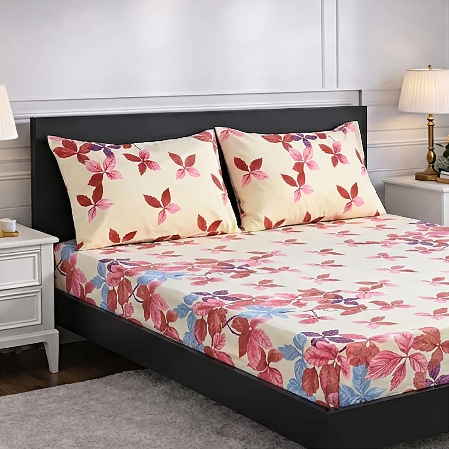 Livmore  Set of 3 Printed Micro Fitted Sheets With 2 x Pillow Cases For Double Bed (Size 140x190x30Cm) - Cream & Rose Pink