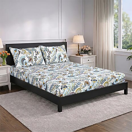 Livmore  Set of 3 Printed Micro Fitted Sheets With 2 x Pillow Cases For Double Bed (Size 140x190x30Cm) - Blue White & Multicolour